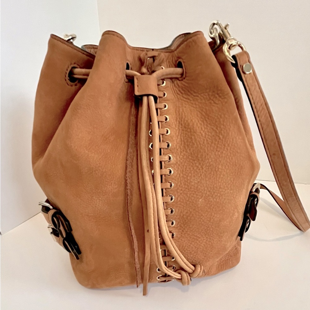 Authentic Rebecca Minkoff Moto Bucket Crossbody Leather Almond Bag